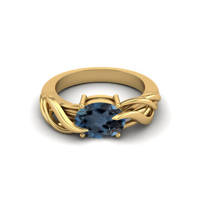 925 Sterling Silver Yellow Plated 9X7MM Oval London Blue Topaz Solitaire Ring