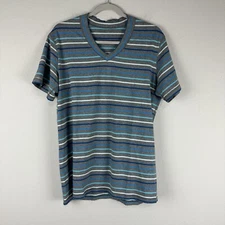 Lululemon Men’s Gray Blue Striped V-Neck Short Sleeve Athleisure Tee Shirt Large