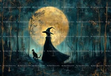 WITCH AND CAT MOONLIT ART PRINT, Halloween Decor, Forest Witchy Poster, D921