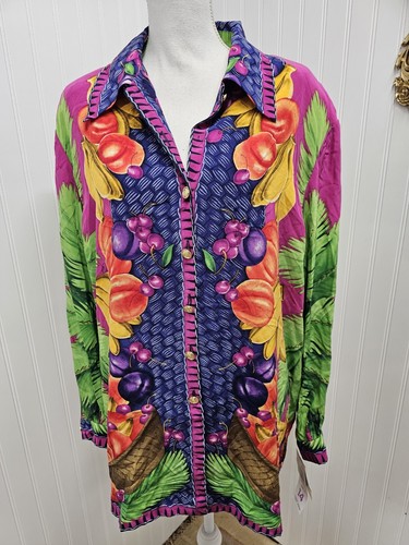 Vintage Liz Claiborne 100% Silk Long Sleeve Shirt Fruit 14 - Picture 2 of 6