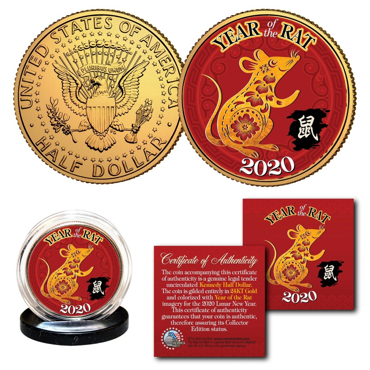 2020 Chinese New YEAR OF THE RAT 24K Gold Plated JFK Kennedy Half