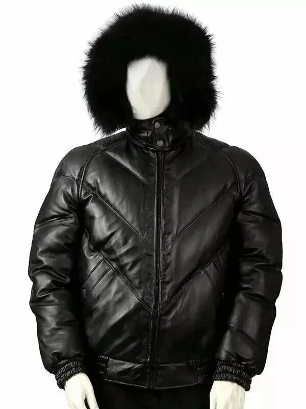 Men's Puffer Faux fur Hooded V Stich bomber Real Lambskin Leather Jacket