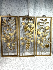 MCM Gold Metal Wall Art, Birds and Fruit, Set of 3