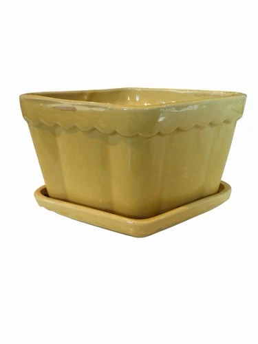Vintage Shawnee Yellow Planter w/ Attached Saucer Scalloped Mid Century Pottery