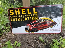 LARGE VINTAGE 1947 SHELL LUBRICATION PORCELAIN GAS STATION PUMP SIGN 28" X 15"