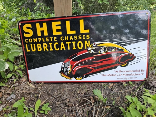 LARGE VINTAGE 1947 SHELL LUBRICATION PORCELAIN GAS STATION PUMP SIGN 28" X 15"