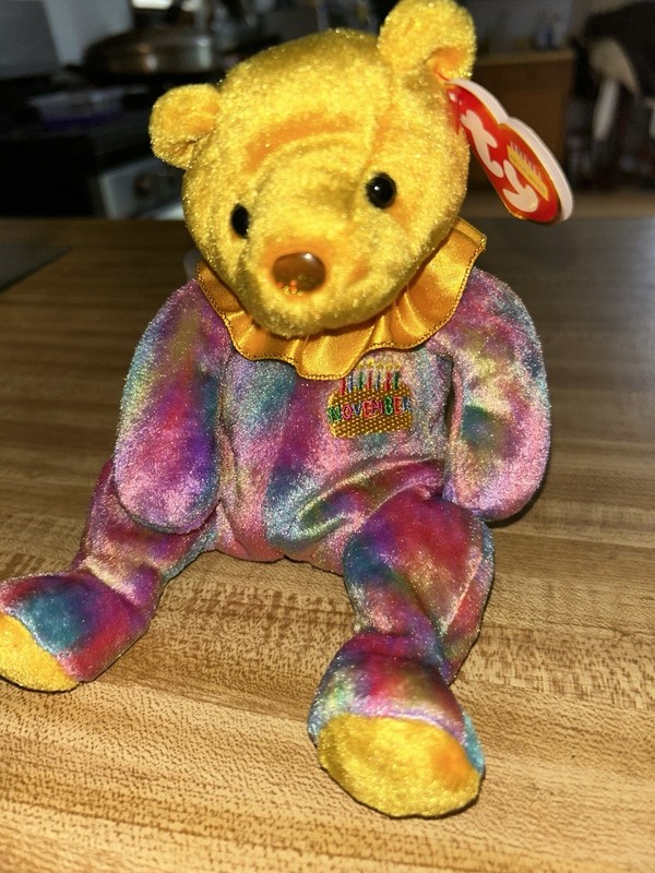 Ty Beanie Babies Happy Birthday Bear Plush Beanbag Tie-Dye Rainbow 1999 MPN