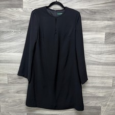 Lauren Ralph Lauren Shift Dress Womens 8 Black Long Sleeve Keyhole Neck Back Zip