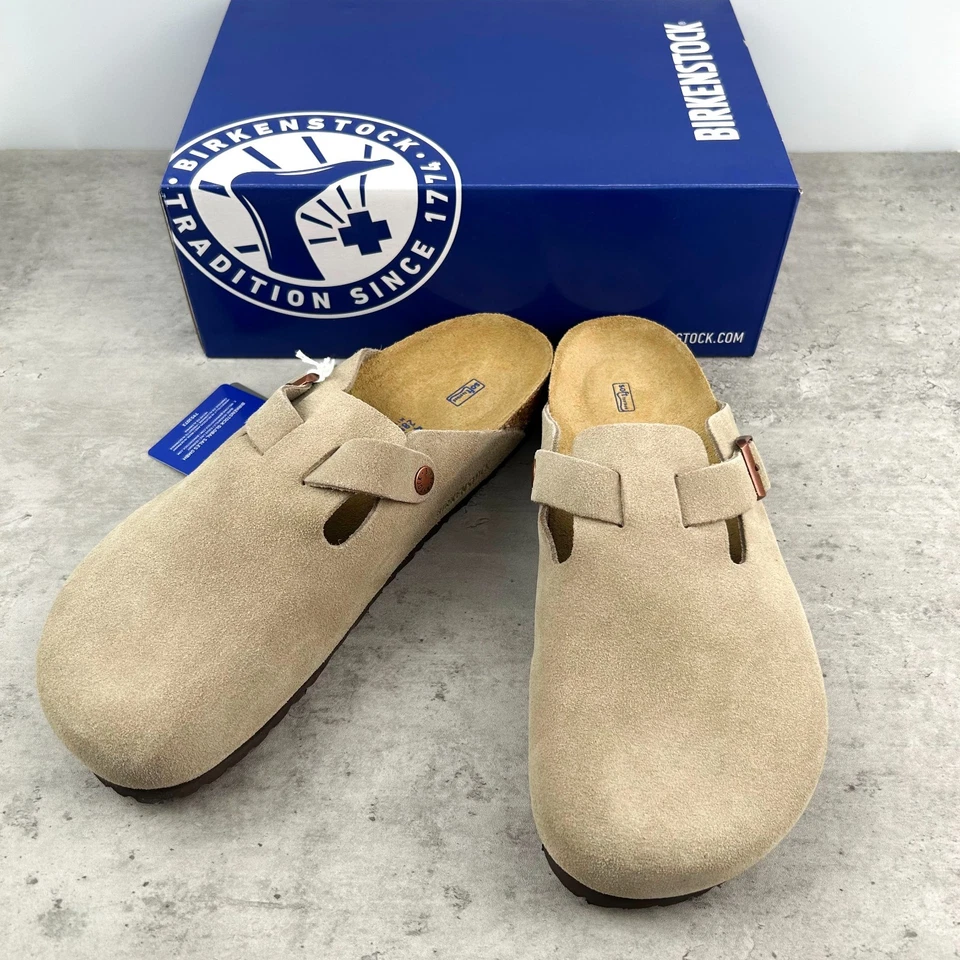 Nuevo-Birkenstock Boston Gamuza Cuero Suave Plantilla Taupe Hombres/Mujeres Zueco Zapatos Foto 3 de 4
