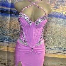 Pink Rhinestone Embellished Ballroom Dance Dress for Women Adult with Slit