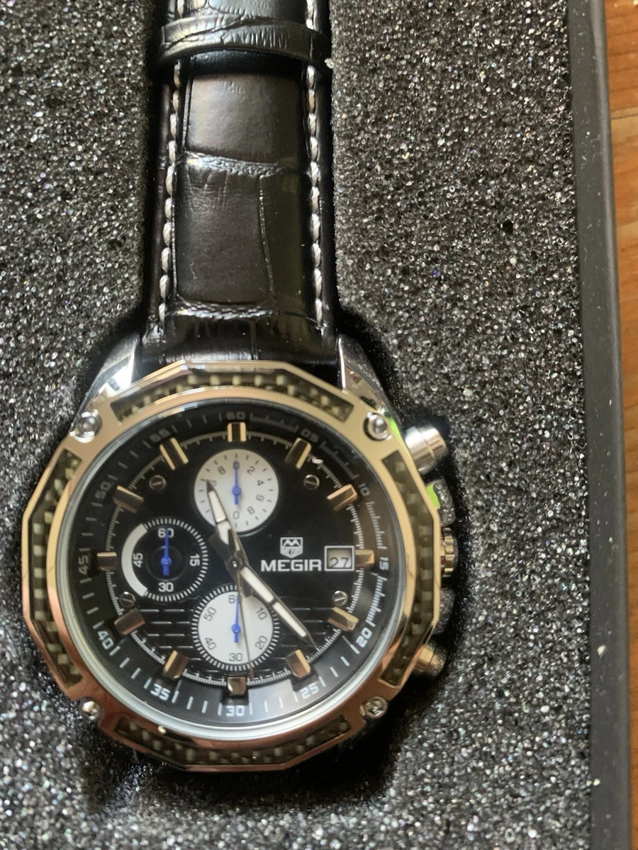 Megir - Orologio da polso da uomo in argento militare, con cinturino in silicone nero, grande cronografo, calendario, impermeabile, luminoso, XL