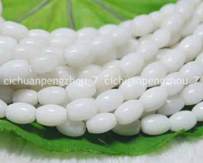 Natural 6x9mm White Jade Gemstone Rice-shaped Loose Beads 15'' Strand