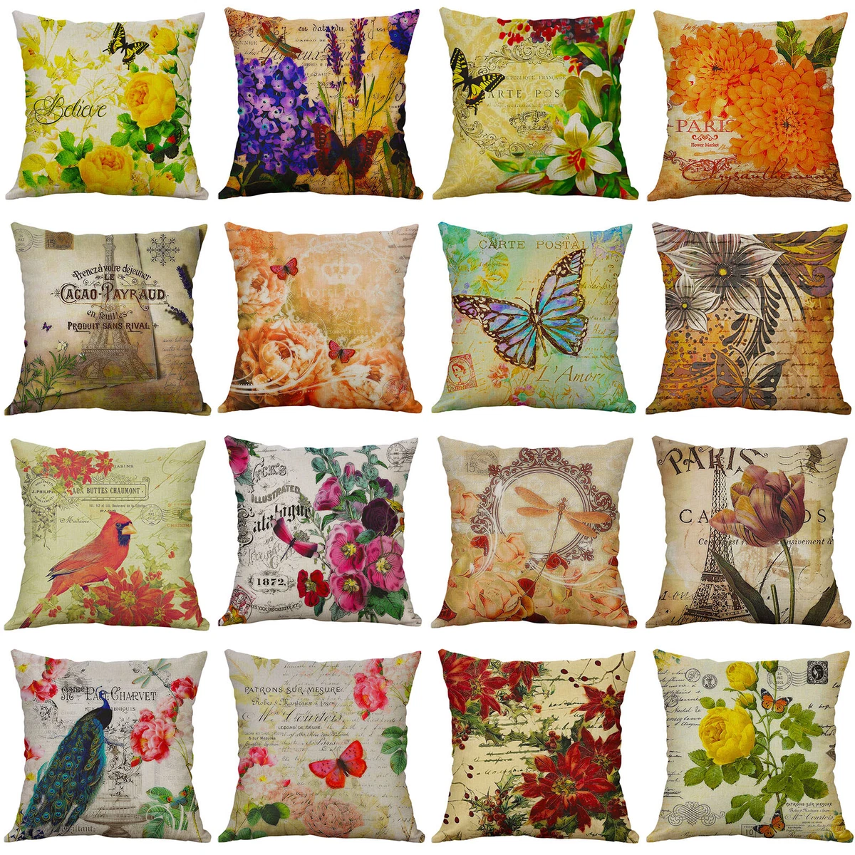 Vintage Flower Throw Pillow Covers Faux Linen Rose Lavender Art