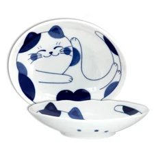 Japanese Porcelain Oval Shallow Rice Pasta Salad Bowl Calico Cat 7.75"L x 6.25"W
