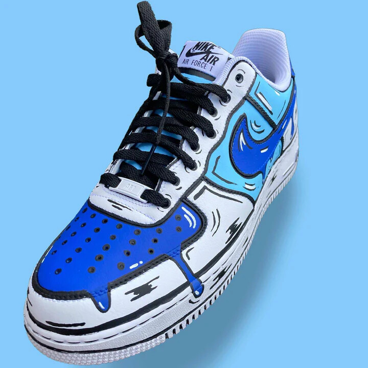 Nike Air Force 1 Custom Shoes Light & Dark Blue Cartoon Black Laces Mens Womens image 3