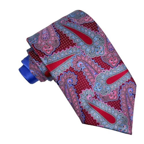 Ermenegildo Zegna Quindici Mens Tie Red/Pink/Blue Paisley #114 Silk 3.5" x 58.5" - Picture 7 of 10