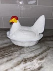 VTG Fenton White Milk Glass Chicken/Rooster/Hen on Candy Dish Nest Split Tail