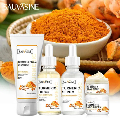 Coffret Soins Visage Curcuma 5pcs Anti-Taches Acné Sérum Crème Masque