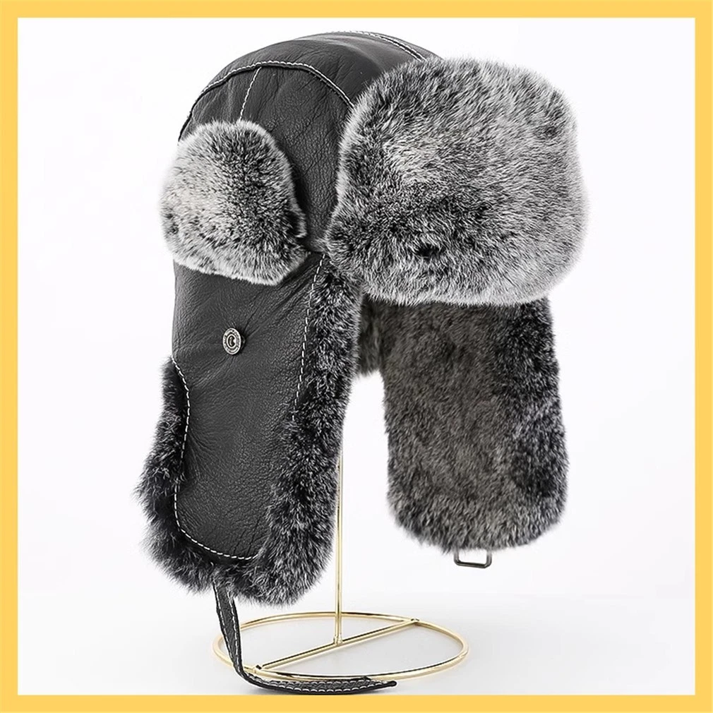 100% Real Rabbit Fur Hat Thicken Winter Warm Ushanka Earflap Cap for Men