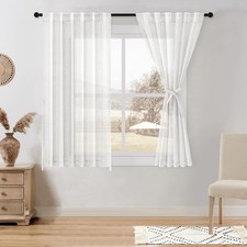 White Linen Sheer Curtains, Rod Pocket  Back Tab Linen Texture Semi Sheer Wi...