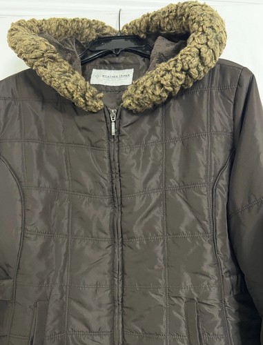 VTG Weather Tamer Women XL Quilted Puffer Jacket Brown Hooded Faux Fur Coat Zip - Picture 22 of 24