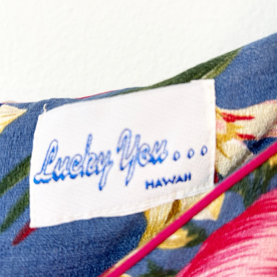 Maxi Vestido Luau Largo Manga Abullonada Rojo Azul Tropical Hawaiano De Colección Lucky You... Foto 3 de 4