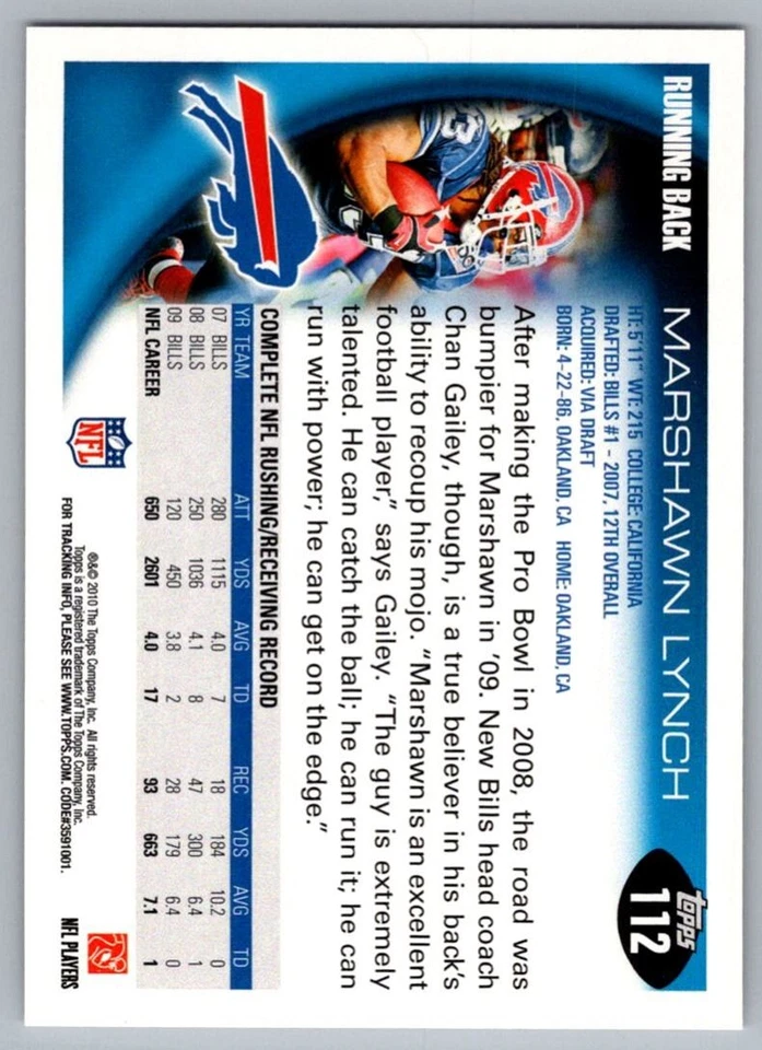 2010 Topps Marshawn Lynch Buffalo Bills #112 - Image 2 of 2