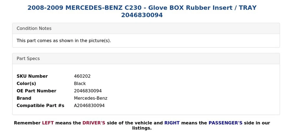 Mercedes-Benz C230 2008-2009 - Guantera inserto de goma/bandeja 2046830094 Foto 4 de 4