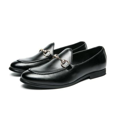 US7-14 Men's Leather Black Gold Buckle Dress Slip On Shoes