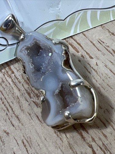 Agate Geode Slice 925 Silver Plated Gemstone Pendant 2.5" Amazing Gift - Picture 5 of 13