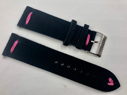 22mm Black Modern Minimalistic Suede Leather Pink Stitch watch band - 第 1/6 張圖片