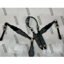 Black Leather Braided LV Design & Conchos Horse Headstall Breast Collar Tack Set