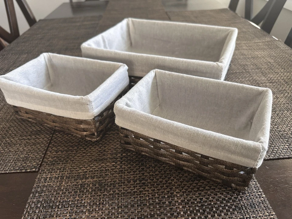 NWOT Set Of 3 Plastic Wicker Baskets With Removable Cloth Liners - Image 2 of 4