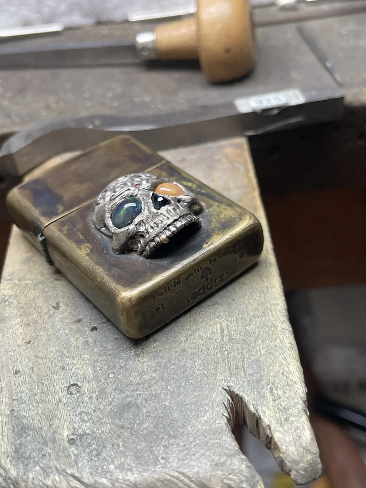 Japanese Themed Brass Zippo W/ Sterling Silver Skull & Blue Sapphire Opals Ruby - Image 2 of 4