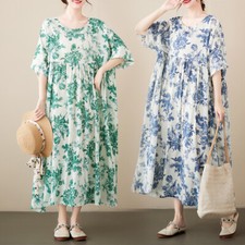 Women Bohemia Dress Oversize Loose Floral Round Neck Short Sleeves Summer Casual