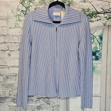 LIZ CLAIBORNE Women's Sweater SIZE L Cotton/Wool/Angora Blend Zip Up Light Blue