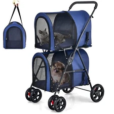  Double Pet Stroller, 4 Lockable Wheels Cat Stroller Carrier Strolling Cart,Navy