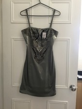 Glamorous Grey Cotton Club Jewel Encrusted Satin Going out Dress - Size 12