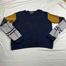Cable Stitch Navy Blue Yellow Contrast Sleeve Sweater 100 Cotton Women's Large
