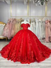 Red Quinceanera Dresses Sweet 16 Party Prom Glitter Flower Applique Ball Gown