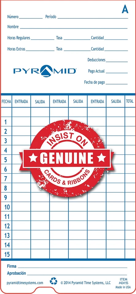 Pyramid 42415SMB 1,000 Count Spanish Language Genuine Time Cards for 2600 & 2... - Image 3 of 4