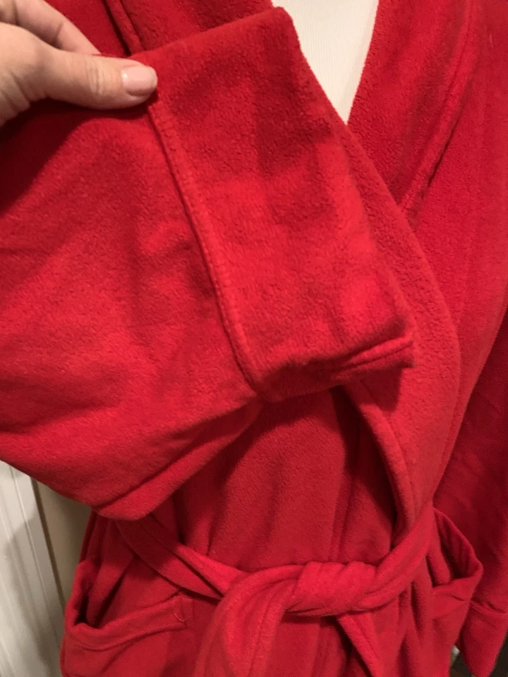 Josie Bathrobe Red Fleece Warm Cozy Pockets Medium M inside out soft - Image 3 of 4
