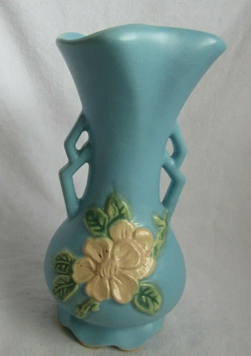 VINTAGE WELLER POTTERY 7" BLUE HANDLED PINK APPLE BLOSSOM CAMEO VASE