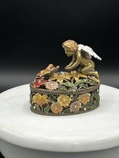 VTG Cherub Fairy Flower Garden Butterfly Trinket Box Rhinestone Enamel  HEAVY