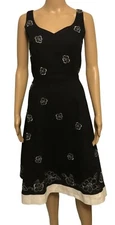 DRESSBARN Black Linen Blend Dress Sz 8 Sleeveless Embroidered Fit N Flare