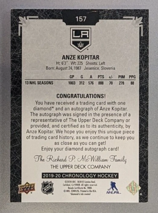 Anze Kopitar 2019-20 Upper Deck Chronology Diamond Auto On Card 2/9 - Image 2 of 2