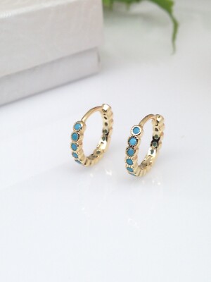 Turquoise All Around Huggie Hoop Earrings Sterling Silver 925 13mm/10mm x1.7mm