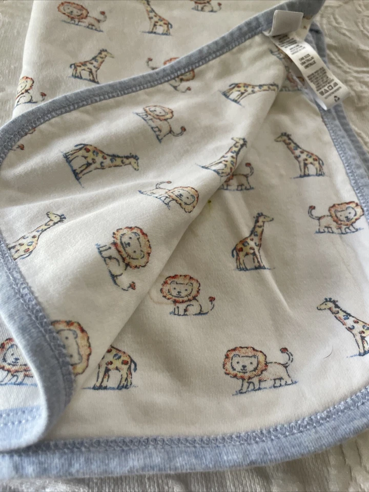 Little Me Knit Cotton Baby Blanket Blue Reversible Lion Giraffe Animal Crib Zoo - Image 2 of 3