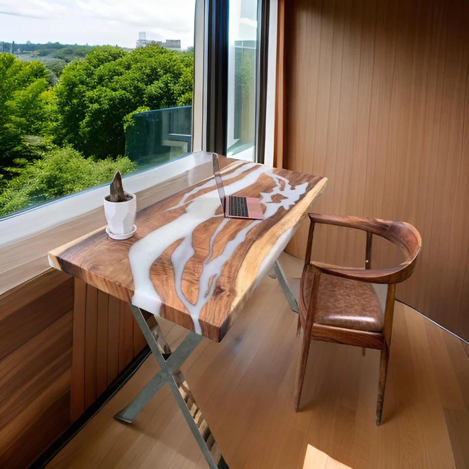 White Epoxy Resin Study Table Made to Order Wooden Dining Tabletop with Iron Leg - Image 3 of 4