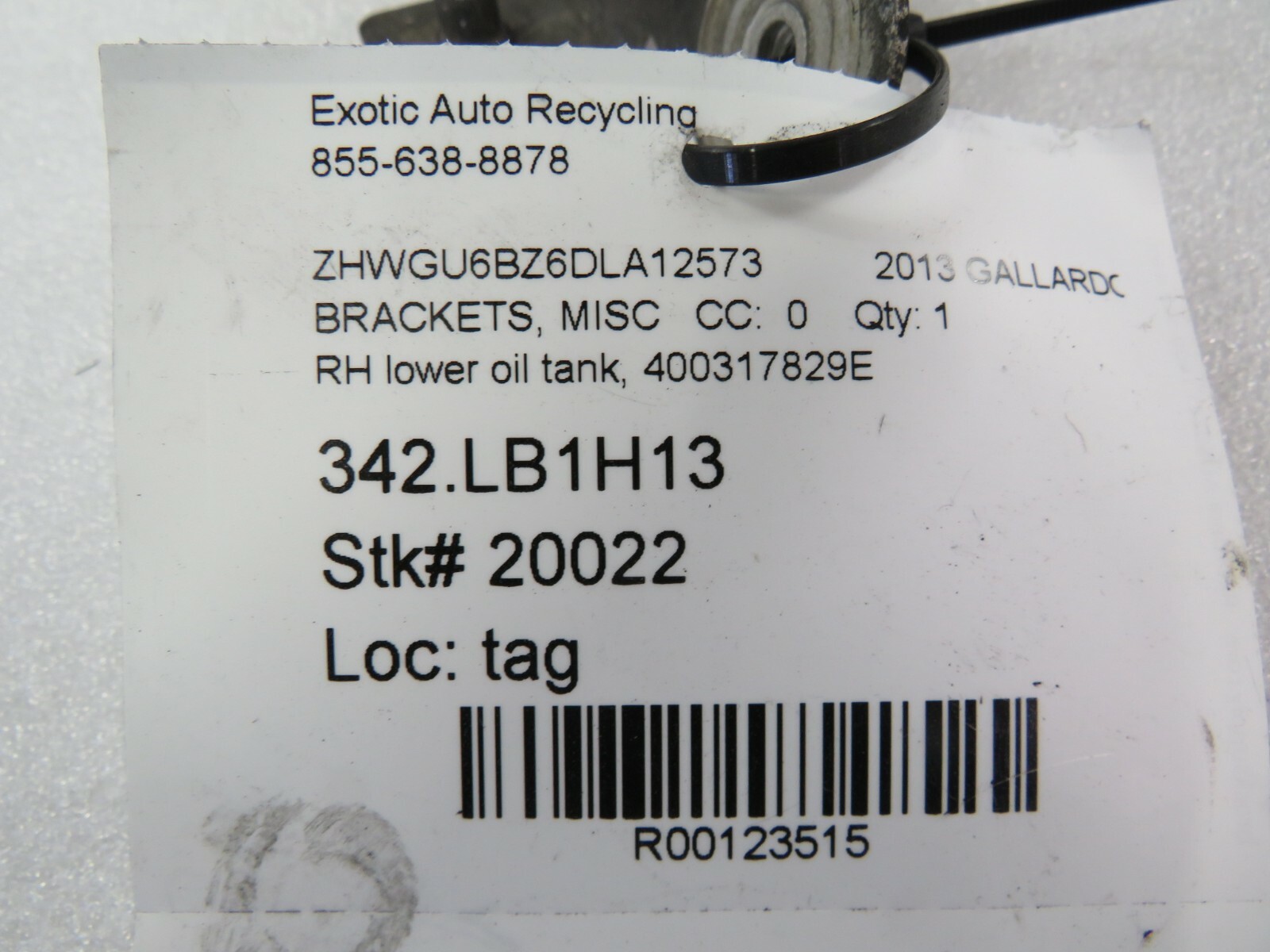 Lamborghini Gallardo, RH, Right, Lower Oil Tank Bracket, Used, P/N 400317829E